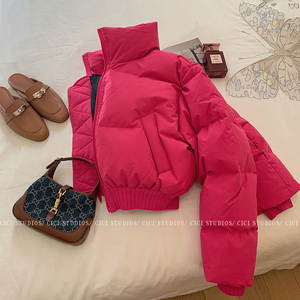 玫粉色立领加厚面包棉服女2024冬季新款小个子韩系潮牌短款棉外套