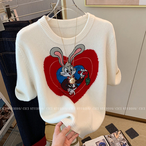 设计感卡通趣味兔子针织短袖女春装2024年新款休闲韩版泡泡袖毛衣