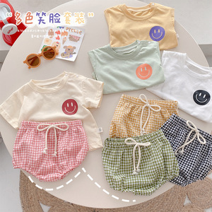 婴儿笑脸套装0-2岁夏季男女宝宝短袖T恤薄款格子短裤两件套MT108