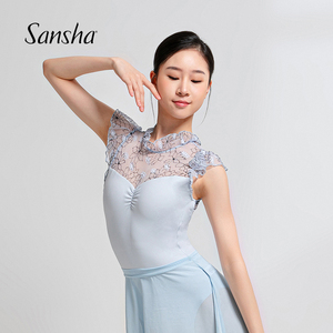 sansha 三沙芭蕾舞蹈服 巨柔软蕾丝飞袖连体服奶蓝色弹力练功服