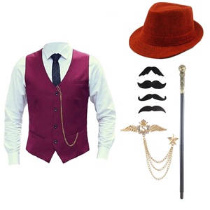 速卖通1920盖茨比套装帽子男士马甲衬衣聚会套装长袖修身演出代发
