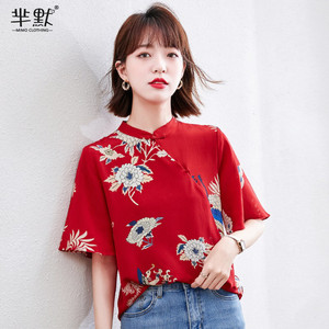 中国风女装立领雪纺衫女2024夏季新款中式复古衬衫红色旗袍式上衣