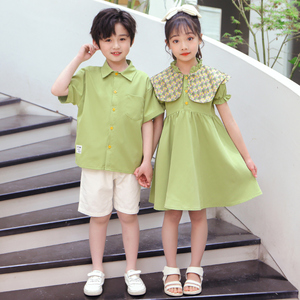 姐弟装儿童夏装男童长袖衬衫牛油果绿女童连衣裙洋气兄妹宝宝短袖