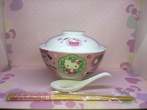 2011 Hello Kitty 吉蒂貓陶瓷碗連陶瓷勺木筷子