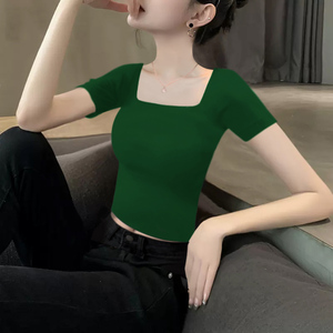2024夏季新款深绿色方领正肩短袖T恤女薄款短款紧身显瘦洋气上衣