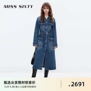Miss Sixty2023冬季新款牛仔大衣女复古配腰带中长款开衩气质外套