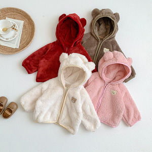 女宝冬装毛毛外套婴儿宝宝可爱小熊带帽开衫棉衣外套新生儿衣服