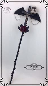 原创哥特暗黑翅膀骷髅头魔法权杖Lolita十字玫瑰手杖万圣节道具