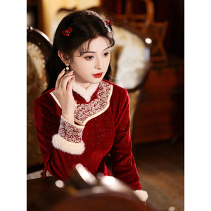 红色旗袍冬季长袖加厚保暖敬酒服新娘过年新年拜年服女大人中国风