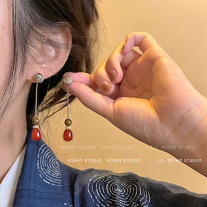 复古文艺耳环女小众设计高级感红色珠长款耳坠气质古典耳钉耳饰