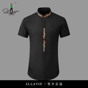 萨拉维夫中国风凤尾刺绣黑色衬衫男短袖夏季潮男古典时髦修身衬衣