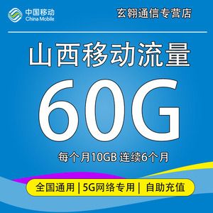 山西移动手机流量充值60GB全国流量5G网络通用加油包10GB*6个月