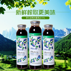 伊村山野野生蓝莓果汁饮料玻璃瓶伊春特产70%蓝莓果肉果汁