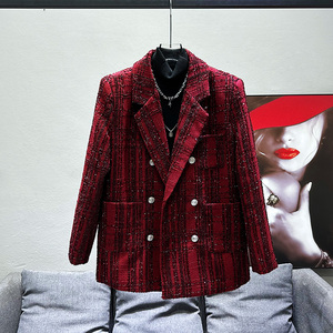 红色小香风亮片西装外套男ins新款气质宽松高级感双排扣西服上衣