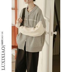 LUXIXIAO毛衣女秋冬季外穿韩版圆领开衫拼色拉链设计感针织衫加厚
