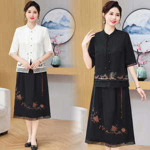 新中式国风中老年女装仿真丝中袖雪纺小衫两件套装妈妈夏装半身裙
