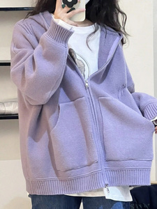 紫色连帽拉链毛衣外套女秋冬季慵懒风设计感小众上衣针织开衫加厚