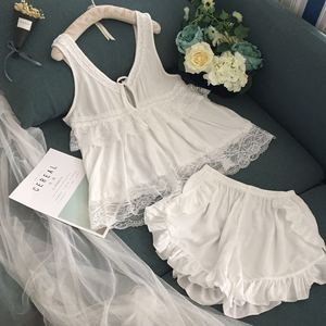 兔美酱~夏季白色纯棉背心短裤家居服套装蕾丝宽松露背孕妇睡衣女