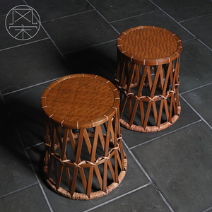 竹编凳子创意矮凳 中式复古成人板凳圆凳 休闲小竹凳竹席面编织