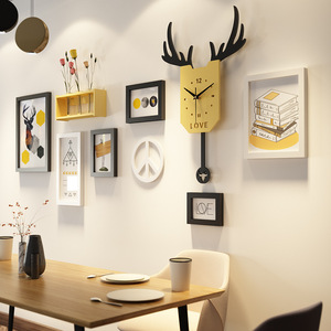 北欧照片墙创意简约现代装饰相框免打孔挂墙组合客厅卧室实木钟表