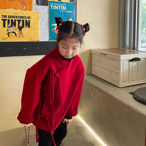 女童拜年服红色双面羊绒大衣中国风冬季洋气妮子加厚流苏毛呢外套
