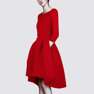 欧美大牌2016冬季新款名媛复古气质修身显瘦百褶大红色连衣裙中裙