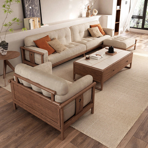 新中式实木沙发组合简约实木框架软包布艺沙发禅意样板房高档家具