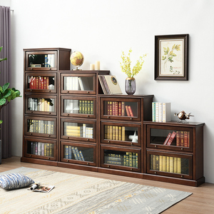 全实木美式防尘玻璃书柜落地书橱收纳置物架原木客厅书架储物柜