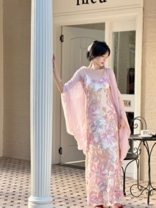 如是芳华 新中式夏季仙女套装裙网纱披肩开衫+吊带亮片刺绣连衣裙