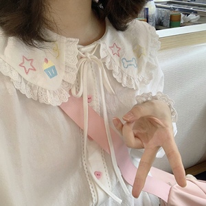 蕾丝娃娃领刺绣白色衬衫女春秋季新款可爱减龄内搭显瘦打底衫上衣