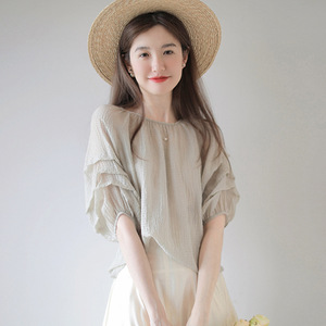 夏季新款雪纺衫女丝光质感的泡泡纱韩版气质豆绿灯笼袖罩衫上衣