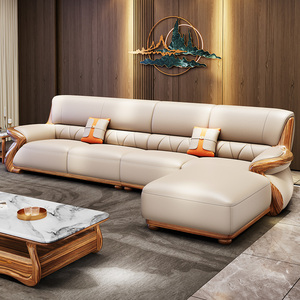 现代新中式乌金木真皮头层厚牛皮客厅实木转角沙发中小户型拐角
