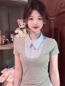 韩式学院风衬衫假两件连衣裙女夏季新款polp领小个子短款衬衫裙