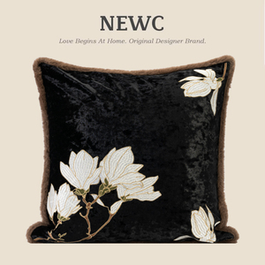 NEWC新宸优品 新中式绣花抱枕套客厅沙发毛绒黑色中古高级感靠垫