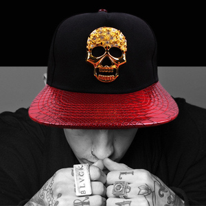 欧美骷髅头金属标hiphop街舞嘻哈帽速卖通ebay外贸皮质平沿帽子潮