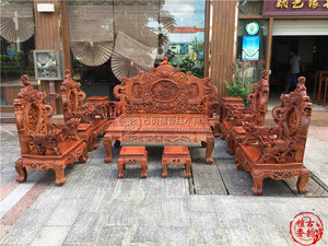 缅甸花梨2.3米麒麟宝鼎十二件套/大果紫檀深雕组合沙发宝座红木