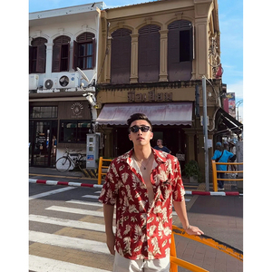 夏威夷冰丝沙滩花衬衫短袖男夏季泰国海边度假男装东南亚风格衣服