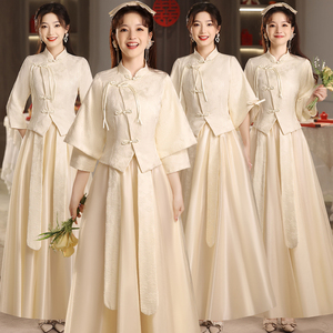 中式伴娘服2024新款香槟色短袖夏季大码姐妹团伴娘服显瘦礼服裙