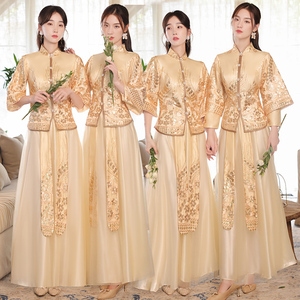 伴娘服中式旗袍2023年新款冬季长袖保暖中国风婚礼姐妹团礼服裙女