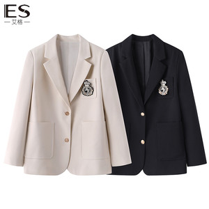 艾格ES春季新款奶白色小西装外套学院风休闲西服上衣宽松通勤女