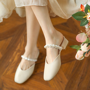 珍珠包头凉拖鞋女时尚外穿2024夏季新款粗跟仙女风中跟半拖穆勒鞋