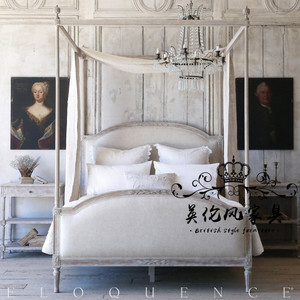 美式乡村实木雕花床双人床架子床1.8米法式复古做旧主卧床四柱床