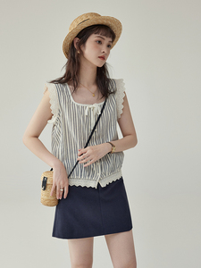 「北岛AMUU」法式复古无袖蕾丝花边衬衫女夏季显瘦设计感条纹小衫