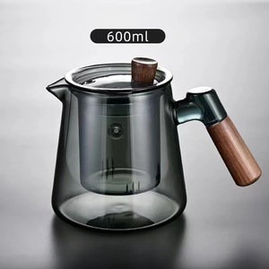 茗鑫阁玻璃茶壶木头把手透黑色木头盖子600毫升高硼硅玻璃茶壶