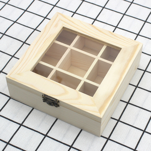 zakka透明玻璃盖饰品首饰收纳盒9格分格木盒子实木格子盒精油木盒
