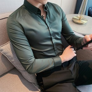 男士衬衫长袖春夏季新款刺绣休闲商务抗皱薄款短袖衬衣墨绿色修身