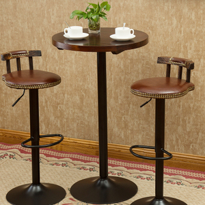 美式实木小吧台桌家用高脚圆桌子咖啡厅桌椅简约铁艺吧台桌椅组合