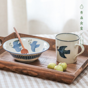 〈青森食堂〉日本制美浓烧北欧花朵与海鸥陶瓷马克杯取皿中钵餐盘