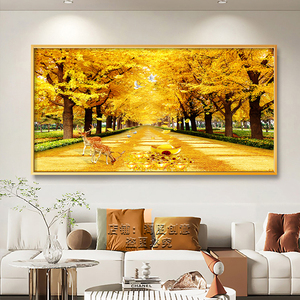 黄金满地客厅挂画沙发背景墙装饰画金光大道风景画酒店发财树壁画