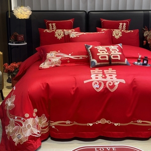 高档全棉大红色刺绣四件套中式纯棉婚庆多件套结婚婚房床上用品4
